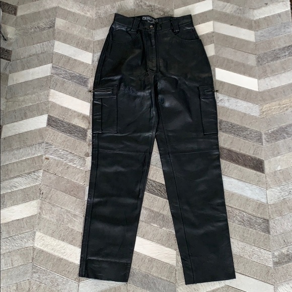 Wild Eagle Pants - Vintage High Waist Leather Cargo Pants Blk Size S